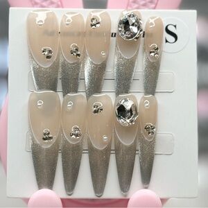 Silver and Nude Rhinestone Press-On Nails